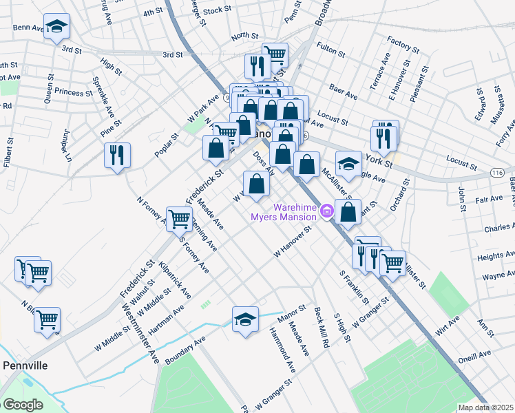 map of restaurants, bars, coffee shops, grocery stores, and more near 121 Centennial Avenue in Hanover