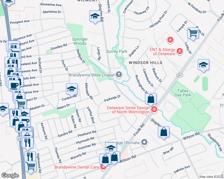 map of restaurants, bars, coffee shops, grocery stores, and more near 2004 Shipley Road in Wilmington