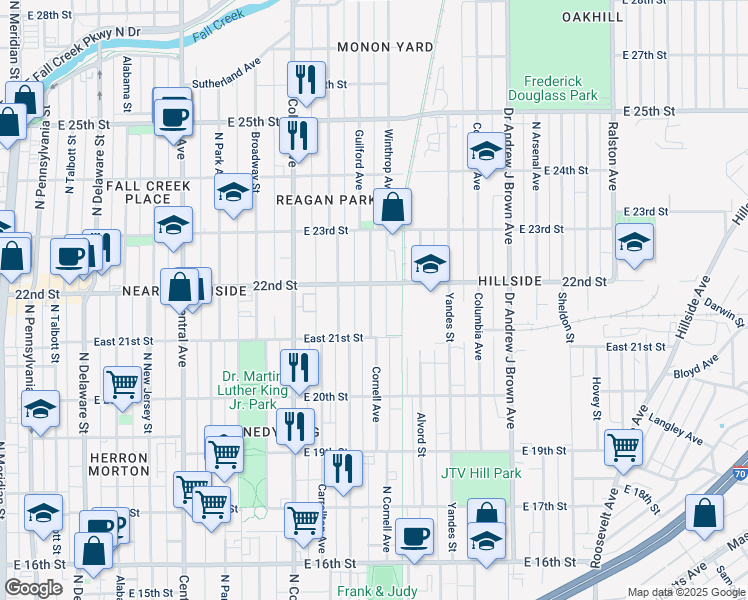 map of restaurants, bars, coffee shops, grocery stores, and more near 2141 Bellefontaine Street in Indianapolis