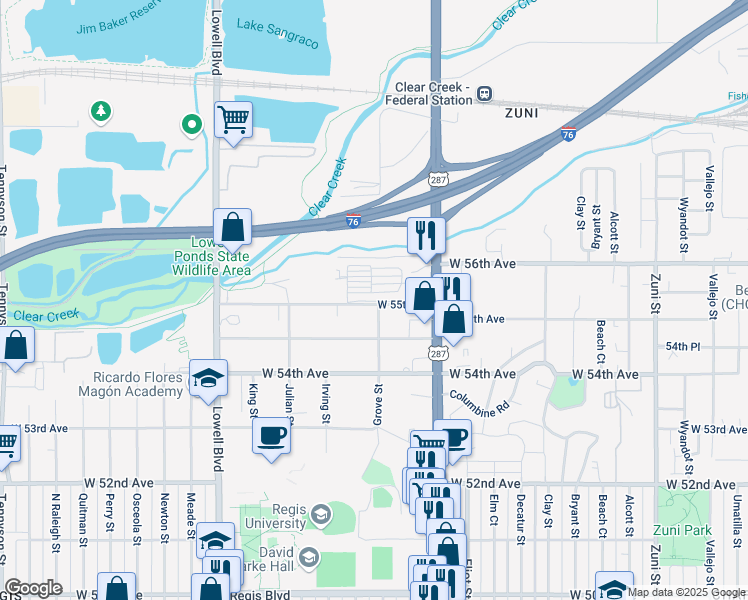 map of restaurants, bars, coffee shops, grocery stores, and more near 3250 West 55th Place in Denver