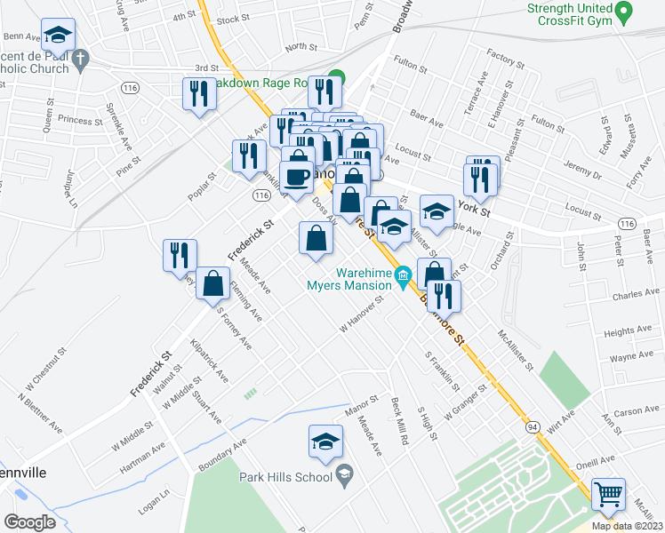 map of restaurants, bars, coffee shops, grocery stores, and more near 41 West Middle Street in Hanover