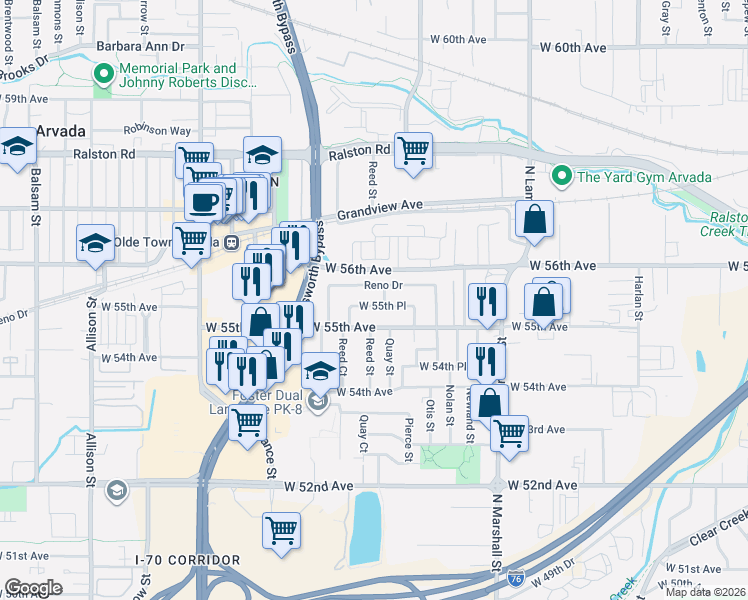 map of restaurants, bars, coffee shops, grocery stores, and more near 6895 West 55th Avenue in Arvada