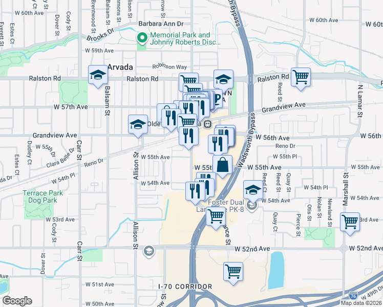 map of restaurants, bars, coffee shops, grocery stores, and more near 7560 West 55th Avenue in Arvada