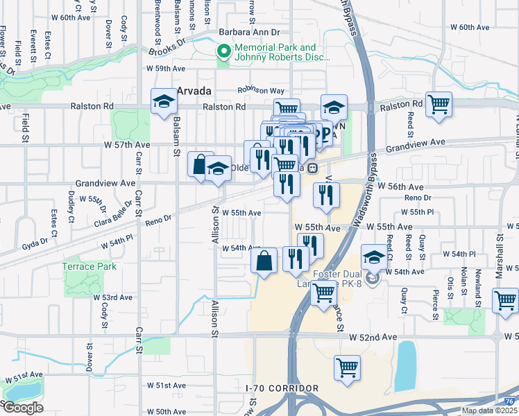 map of restaurants, bars, coffee shops, grocery stores, and more near 5475 Water Tower Promenade in Arvada