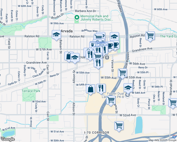map of restaurants, bars, coffee shops, grocery stores, and more near 5475 Water Tower Promenade in Arvada
