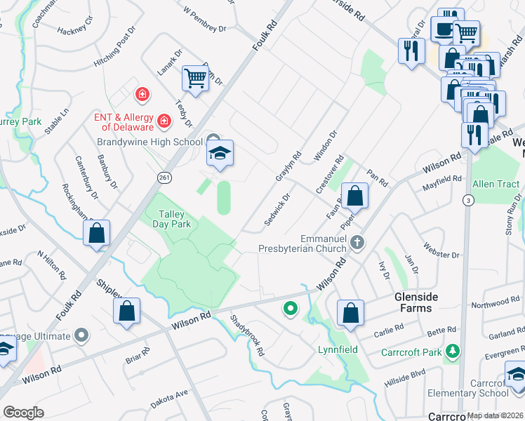 map of restaurants, bars, coffee shops, grocery stores, and more near 1012 Sedwick Drive in Wilmington
