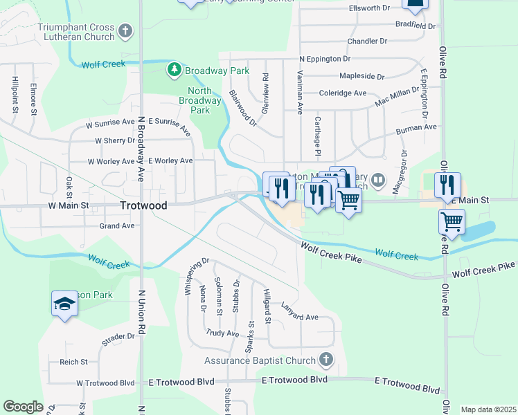 map of restaurants, bars, coffee shops, grocery stores, and more near 6608 Wolf Creek Pike in Dayton