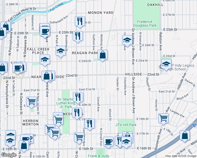 map of restaurants, bars, coffee shops, grocery stores, and more near 1002 West 21st Street in Indianapolis