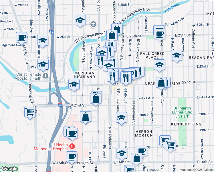 map of restaurants, bars, coffee shops, grocery stores, and more near 2151 North Pierson Street in Indianapolis