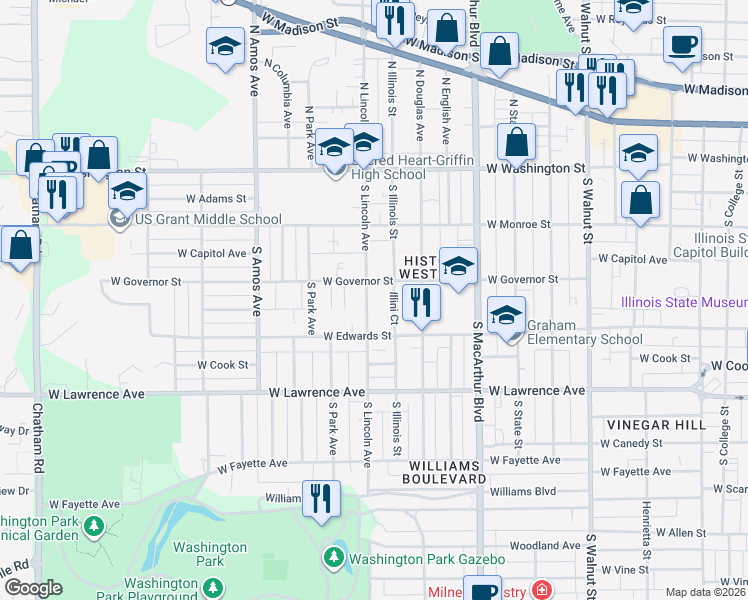 map of restaurants, bars, coffee shops, grocery stores, and more near 545 South Lincoln Avenue in Springfield