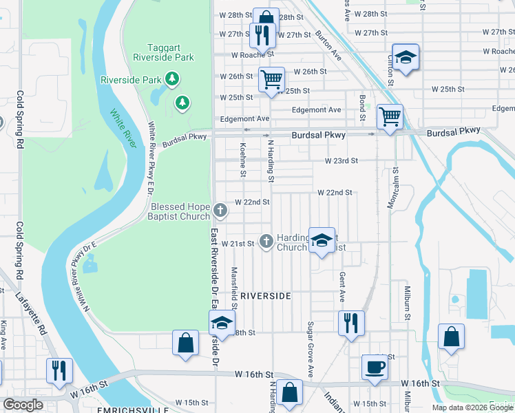 map of restaurants, bars, coffee shops, grocery stores, and more near 1426 Herschell Avenue in Indianapolis