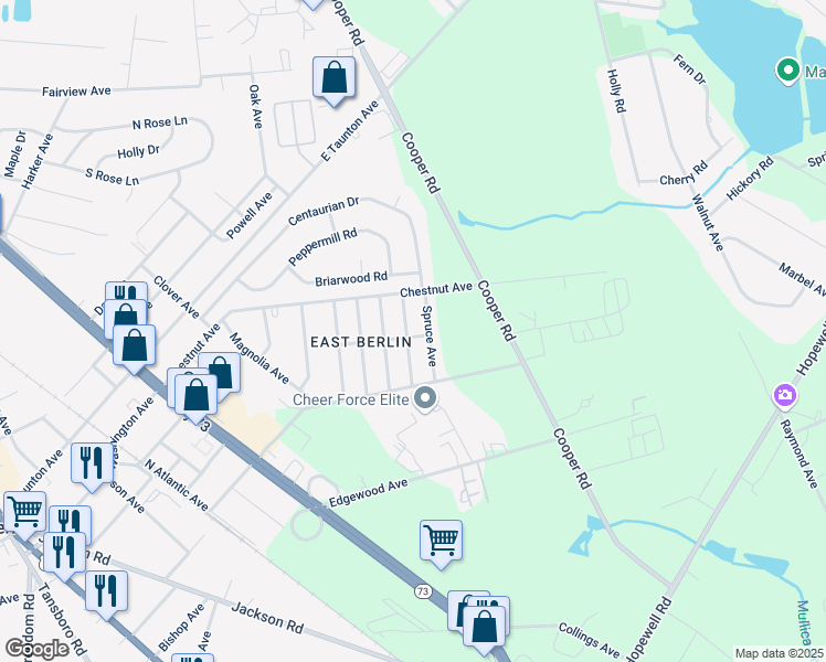 map of restaurants, bars, coffee shops, grocery stores, and more near 335 Cedar Avenue in Berlin Township