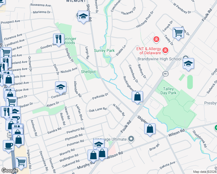 map of restaurants, bars, coffee shops, grocery stores, and more near 1123 Parkside Drive in Wilmington