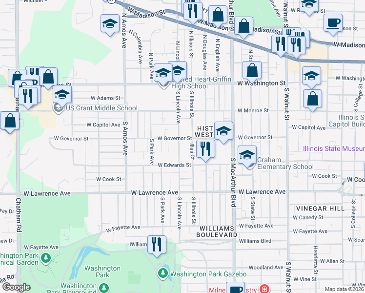 map of restaurants, bars, coffee shops, grocery stores, and more near 545 South Lincoln Avenue in Springfield