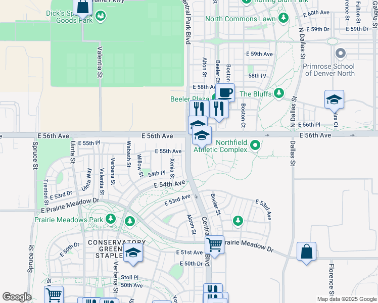 map of restaurants, bars, coffee shops, grocery stores, and more near 5537 Central Park Boulevard in Denver