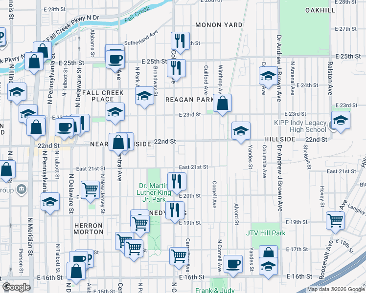 map of restaurants, bars, coffee shops, grocery stores, and more near 728 East 22nd Street in Indianapolis