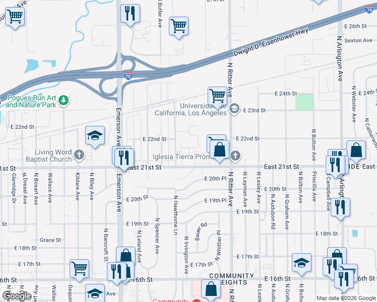 map of restaurants, bars, coffee shops, grocery stores, and more near 2110 Outcalt Lane in Indianapolis