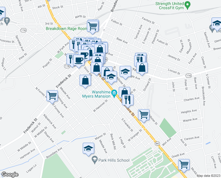 map of restaurants, bars, coffee shops, grocery stores, and more near 237 Baltimore Street in Hanover