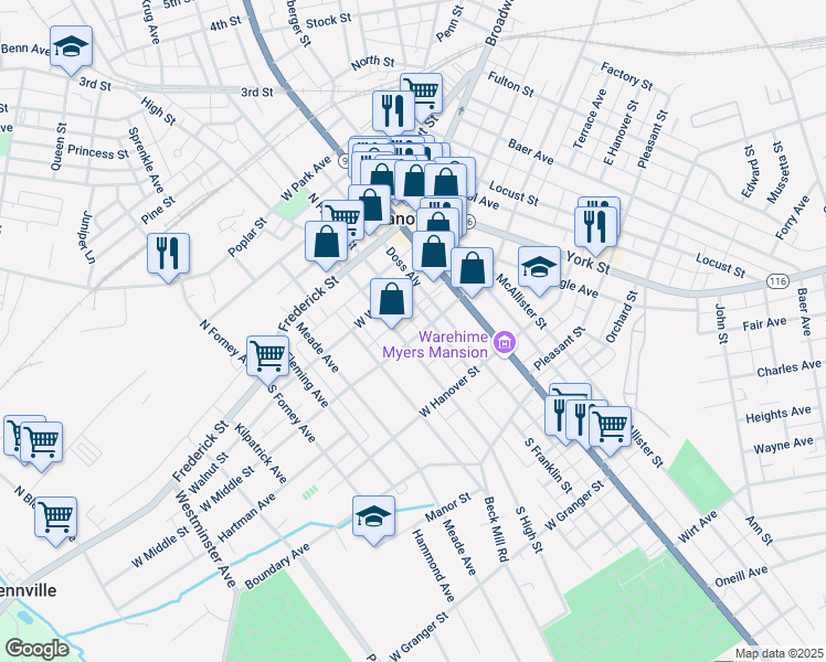 map of restaurants, bars, coffee shops, grocery stores, and more near 39--1/2 West Middle Street in Hanover