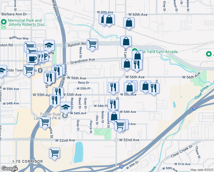 map of restaurants, bars, coffee shops, grocery stores, and more near 5563 Newland Way in Arvada