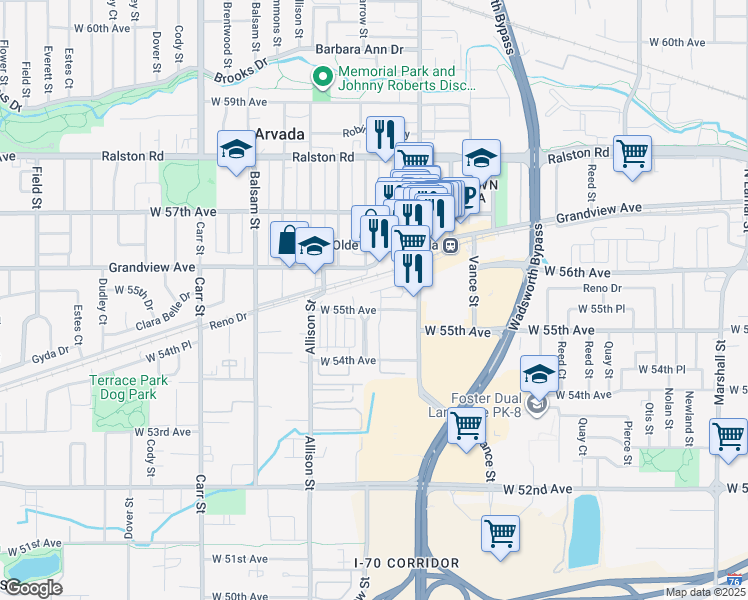 map of restaurants, bars, coffee shops, grocery stores, and more near 7804 Grandview Avenue in Arvada