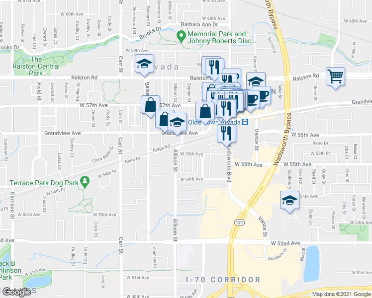 map of restaurants, bars, coffee shops, grocery stores, and more near 7906 Grandview Avenue in Arvada
