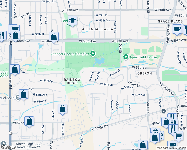 map of restaurants, bars, coffee shops, grocery stores, and more near 11197 West 55th Lane in Arvada