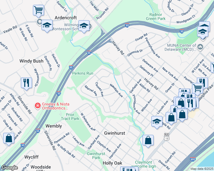 map of restaurants, bars, coffee shops, grocery stores, and more near 907 Causez Avenue in Claymont