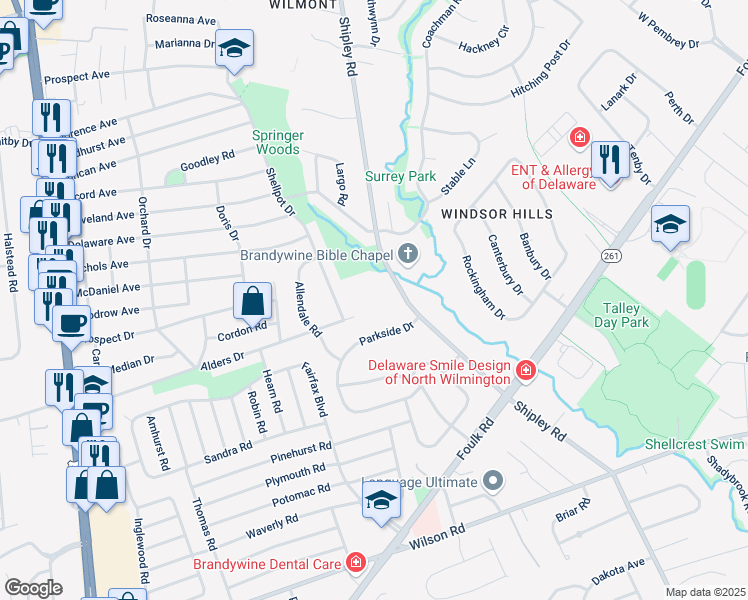 map of restaurants, bars, coffee shops, grocery stores, and more near 2008 Shipley Road in Wilmington