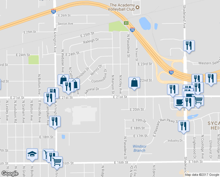 map of restaurants, bars, coffee shops, grocery stores, and more near 2258 Admiral Drive in Indianapolis