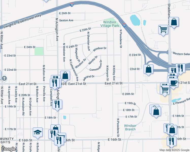 map of restaurants, bars, coffee shops, grocery stores, and more near 6191 Commodore Drive in Indianapolis