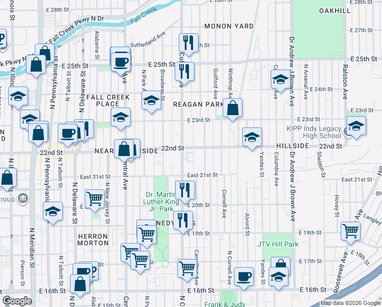 map of restaurants, bars, coffee shops, grocery stores, and more near 728 East 22nd Street in Indianapolis