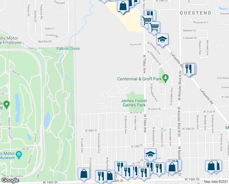 map of restaurants, bars, coffee shops, grocery stores, and more near 3621 Lawnview Lane in Indianapolis