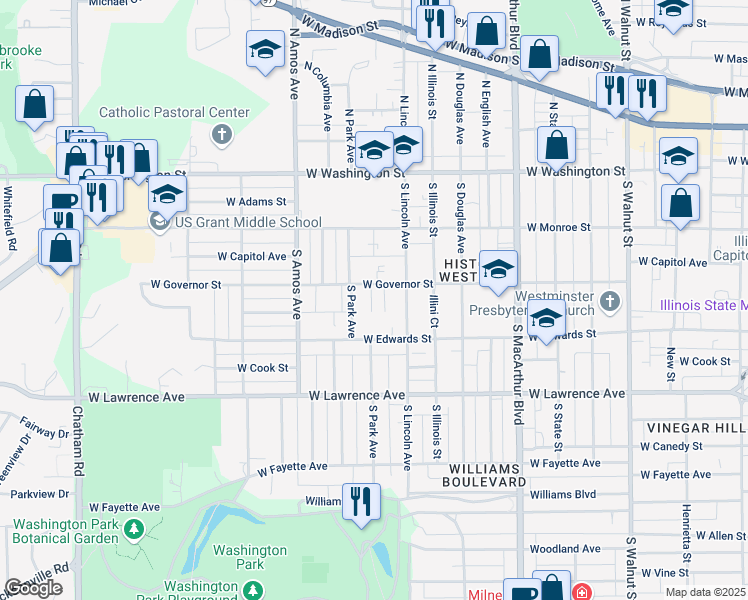 map of restaurants, bars, coffee shops, grocery stores, and more near 1231 West Governor Street in Springfield