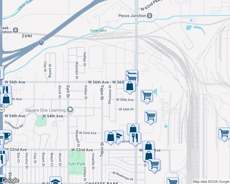 map of restaurants, bars, coffee shops, grocery stores, and more near 5582 Raritan Way in Denver