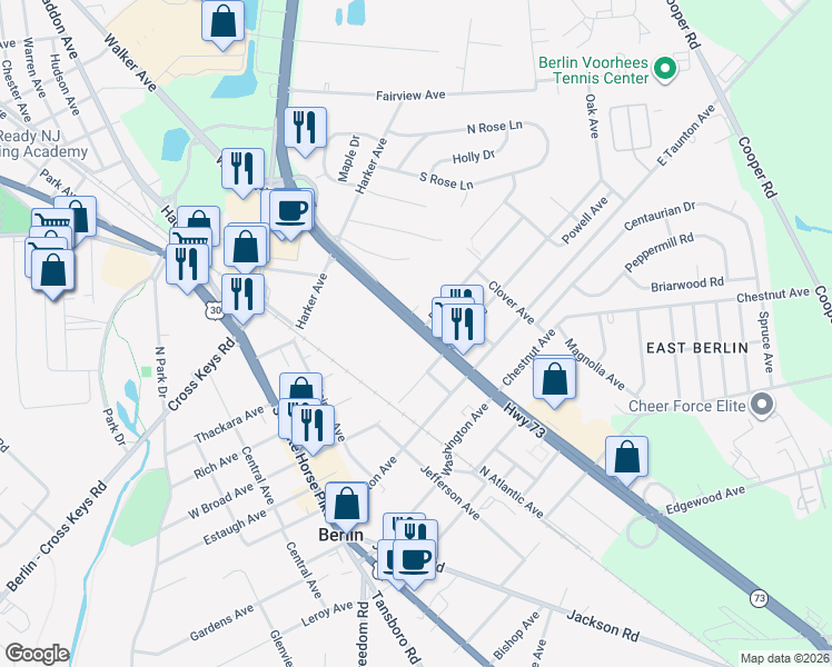 map of restaurants, bars, coffee shops, grocery stores, and more near 435 East Park Avenue in Berlin