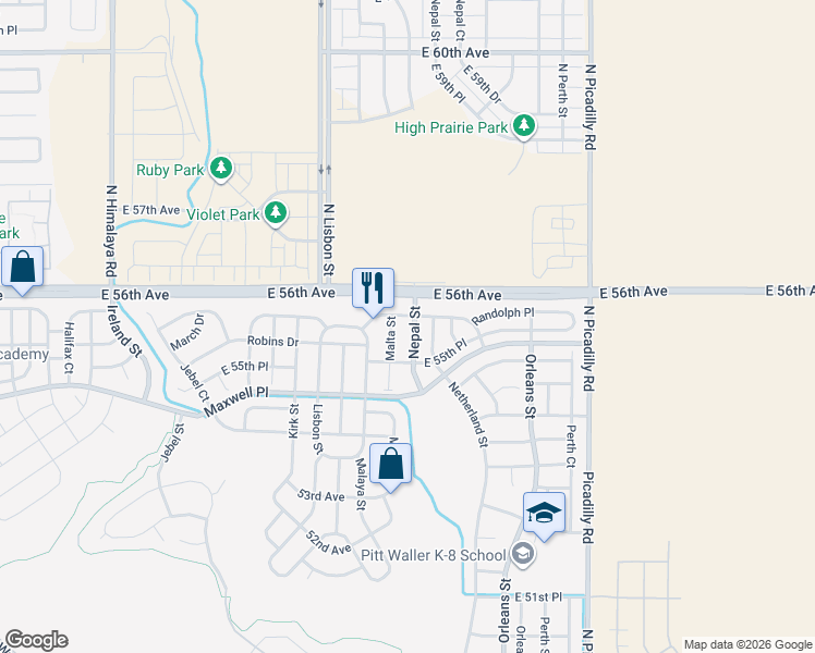 map of restaurants, bars, coffee shops, grocery stores, and more near 21121 Randolph Place in Denver