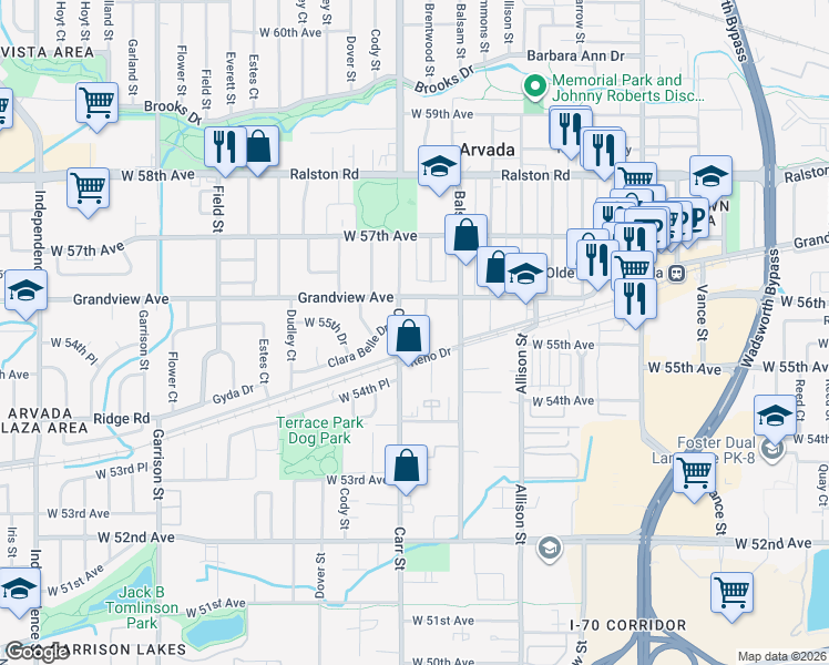map of restaurants, bars, coffee shops, grocery stores, and more near 5575 Brentwood Street in Arvada