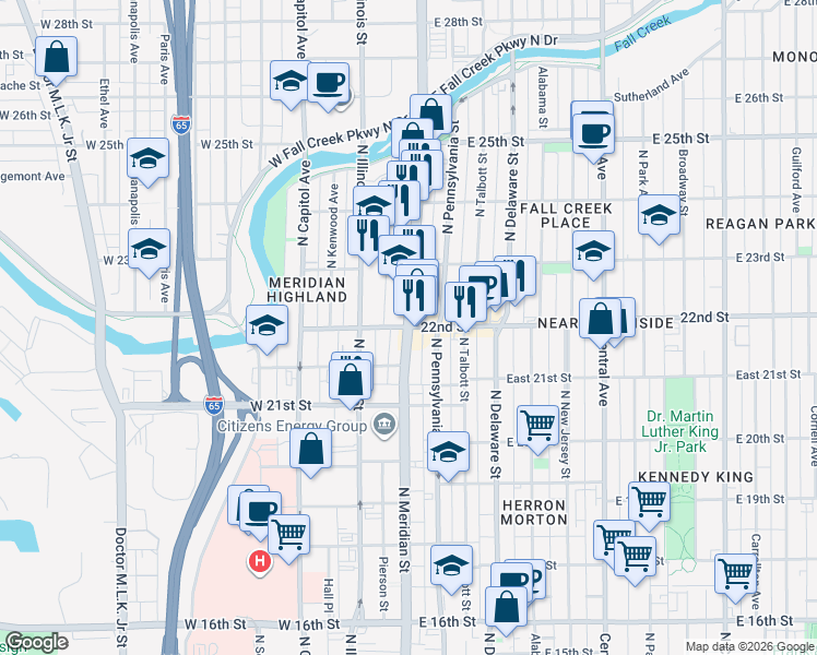 map of restaurants, bars, coffee shops, grocery stores, and more near North Meridian Street & East 22nd Street in Indianapolis