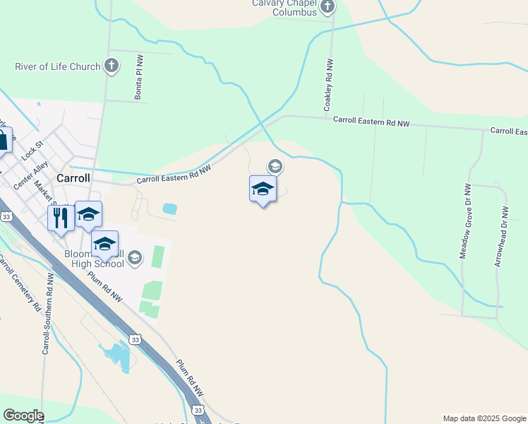 map of restaurants, bars, coffee shops, grocery stores, and more near 4955 Carroll Eastern Road in Carroll