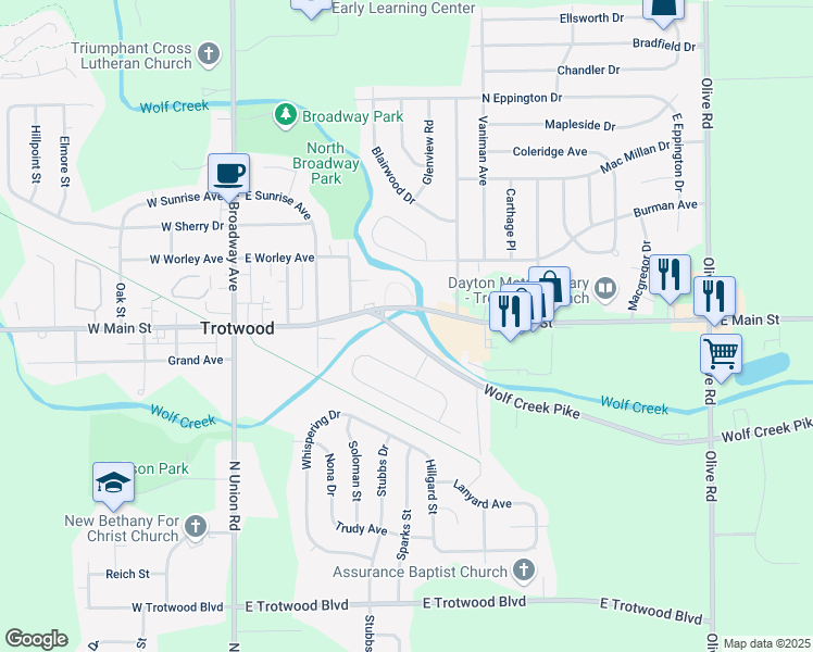 map of restaurants, bars, coffee shops, grocery stores, and more near 6645 Wolf Creek Pike in Dayton