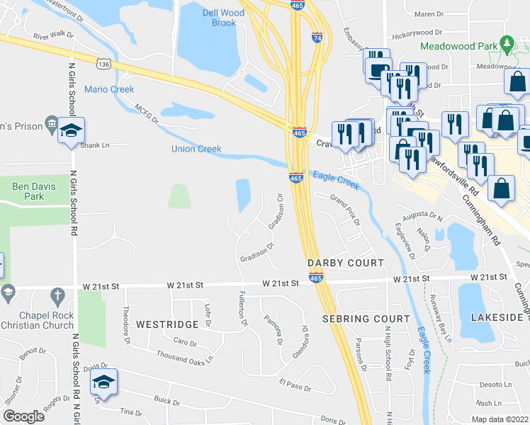 map of restaurants, bars, coffee shops, grocery stores, and more near 2311 Fullerton Drive in Indianapolis