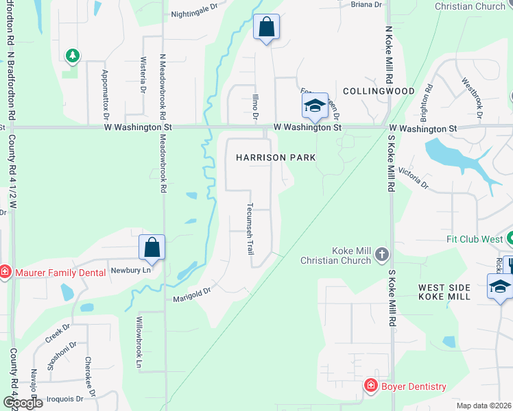 map of restaurants, bars, coffee shops, grocery stores, and more near 404 Tecumseh Trail in Springfield