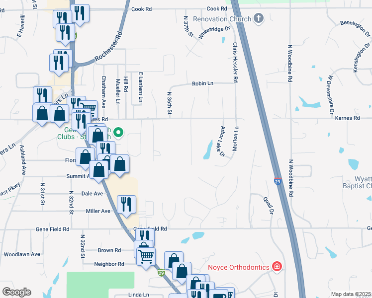 map of restaurants, bars, coffee shops, grocery stores, and more near 3122 North 36th Terrace in St. Joseph