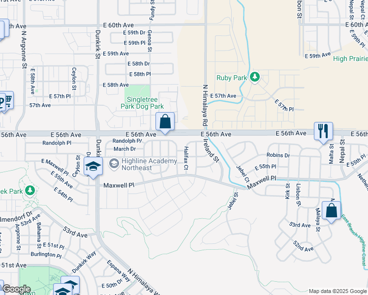 map of restaurants, bars, coffee shops, grocery stores, and more near 19999 Randolph Place in Denver