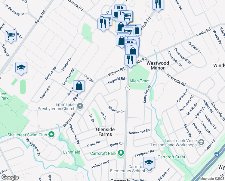 map of restaurants, bars, coffee shops, grocery stores, and more near 2 Celina Court in Wilmington