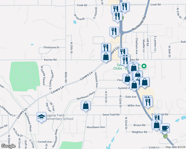 map of restaurants, bars, coffee shops, grocery stores, and more near 3015 Lovers Lane in Saint Joseph