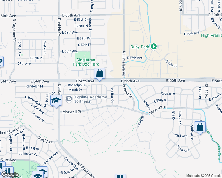 map of restaurants, bars, coffee shops, grocery stores, and more near 19999 Randolph Place in Denver