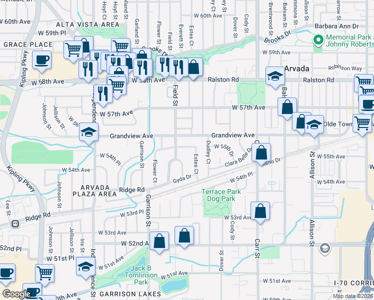 map of restaurants, bars, coffee shops, grocery stores, and more near 5500 Field Street in Arvada
