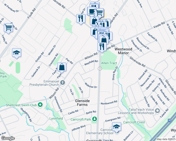 map of restaurants, bars, coffee shops, grocery stores, and more near 2 Celina Court in Wilmington